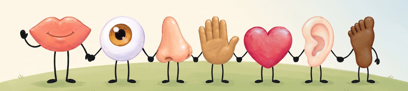 The Manners Crew characters holding hands: Mouth, Eye, Nose, Hand, Heart, Ear and Foot