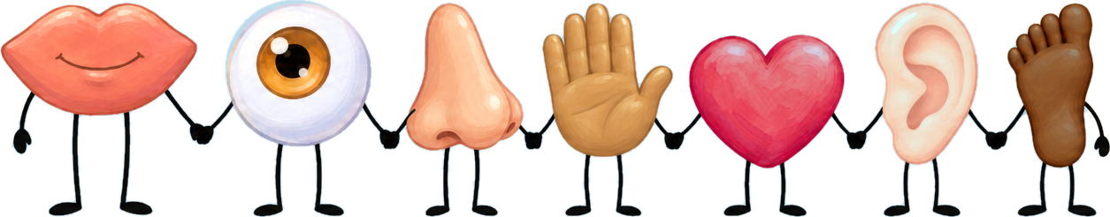 The whole Manners Crew holding hands: Mouth, Eye, Nose, Hand, Heart, Ear and Foot