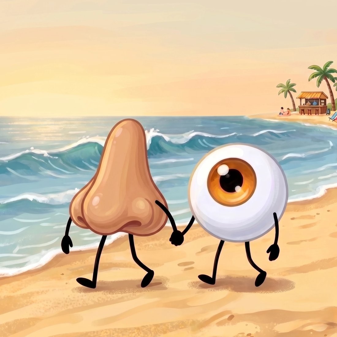 Inside the book: Eye and Nose walking hand in hand along the beach
