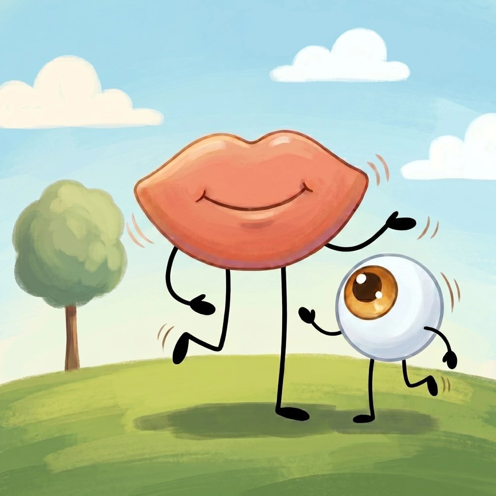 Mouth and Eye dancing together on a green hill
