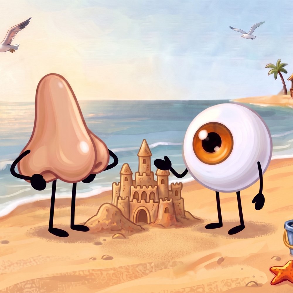 Eye and Nose standing by their sandcastle on the beach, Eye pointing to it